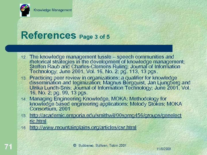 Knowledge Management References Page 3 of 5 12. 13. 14. 15. 16. 71 The