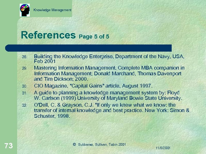 Knowledge Management References Page 5 of 5 28. 29. 30. 31. 32. 73 Building