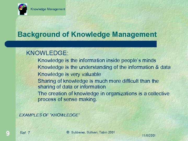 Knowledge Management Background of Knowledge Management KNOWLEDGE: Knowledge is the information inside people’s minds