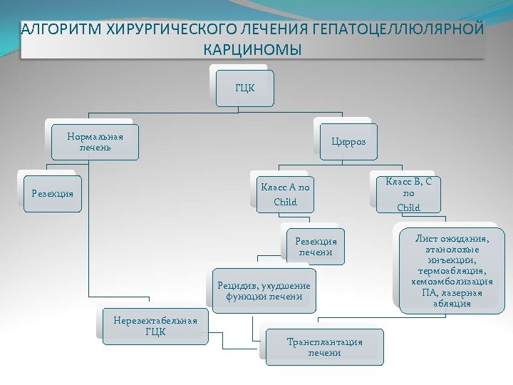 АЛГОРИТМ ХИРУРГИЧЕСКОГО ЛЕЧЕНИЯ ГЕПАТОЦЕЛЛЮЛЯРНОЙ КАРЦИНОМЫ ГЦК Нормальная печень Цирроз Класс А по Резекция Child