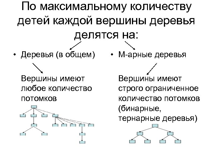 По максимальному количеству детей каждой вершины деревья делятся на: • Деревья (в общем) Вершины