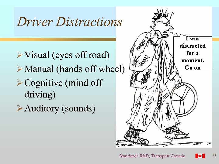 Driver Distractions Ø Visual (eyes off road) Ø Manual (hands off wheel) Ø Cognitive