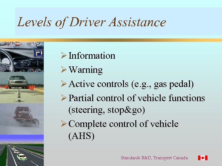 Levels of Driver Assistance Ø Information Ø Warning Ø Active controls (e. g. ,