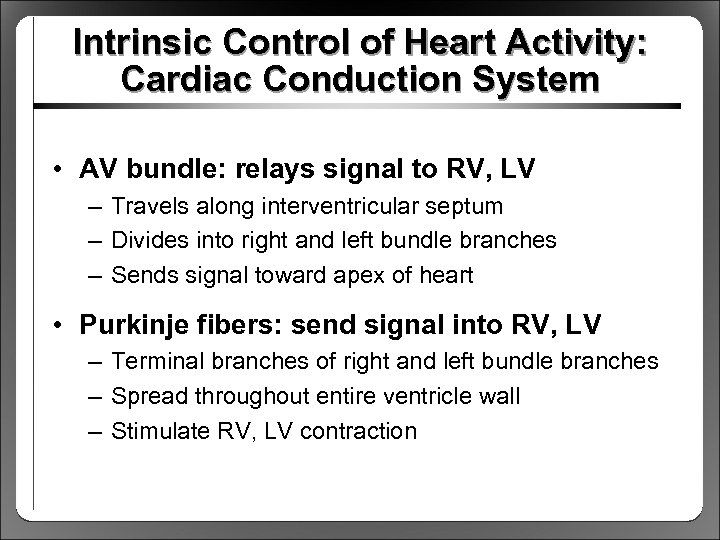 Intrinsic Control of Heart Activity: Cardiac Conduction System • AV bundle: relays signal to