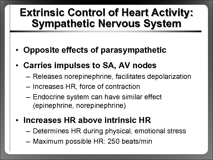 Extrinsic Control of Heart Activity: Sympathetic Nervous System • Opposite effects of parasympathetic •