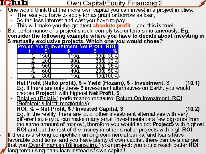  • • • Own Capital/Equity Financing 2 One would think that the more