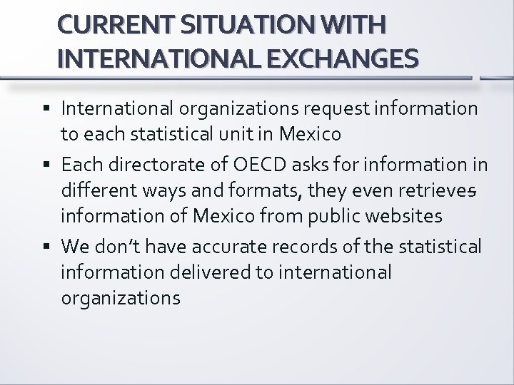CURRENT SITUATION WITH INTERNATIONAL EXCHANGES International organizations request information to each statistical unit in