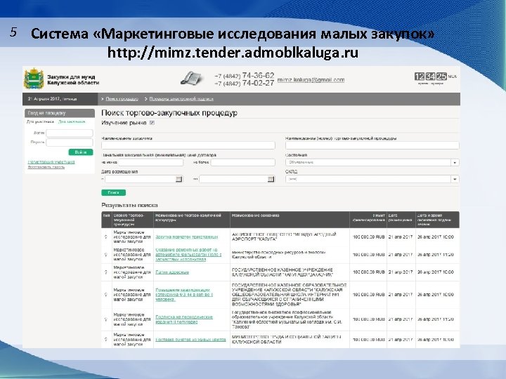 5 Система «Маркетинговые исследования малых закупок» http: //mimz. tender. admoblkaluga. ru 