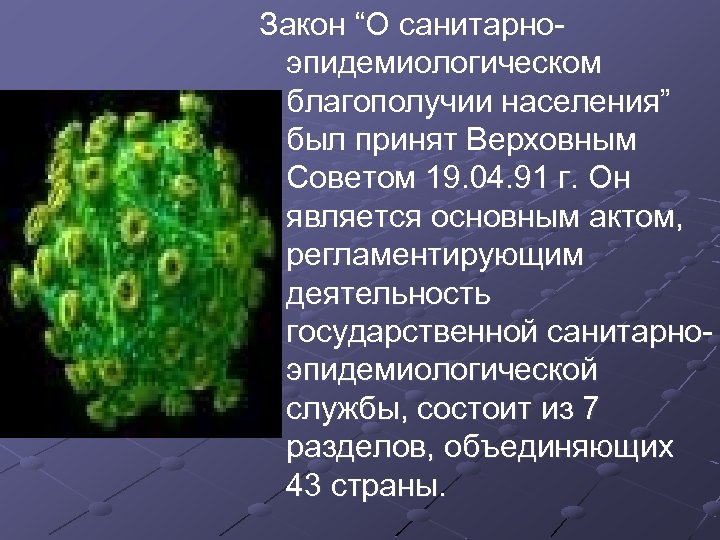 Закон “О санитарно эпидемиологическом благополучии населения” был принят Верховным Советом 19. 04. 91 г.