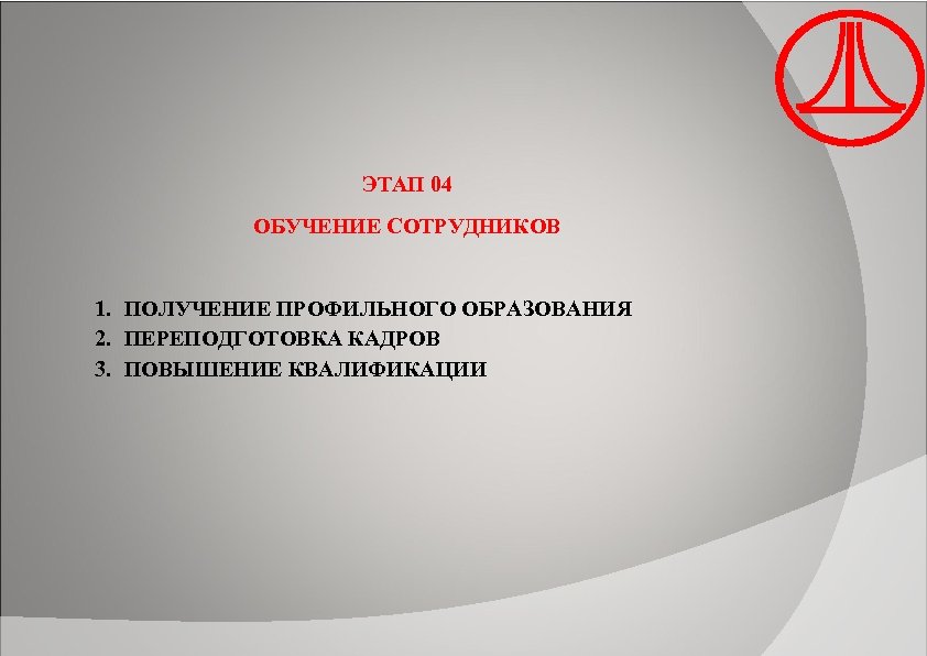 ЭТАП 04 ОБУЧЕНИЕ СОТРУДНИКОВ 1. ПОЛУЧЕНИЕ ПРОФИЛЬНОГО ОБРАЗОВАНИЯ 2. ПЕРЕПОДГОТОВКА КАДРОВ 3. ПОВЫШЕНИЕ КВАЛИФИКАЦИИ