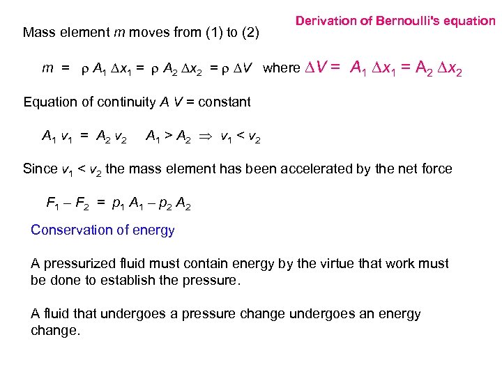 Mass element m moves from (1) to (2) Derivation of Bernoulli's equation m =