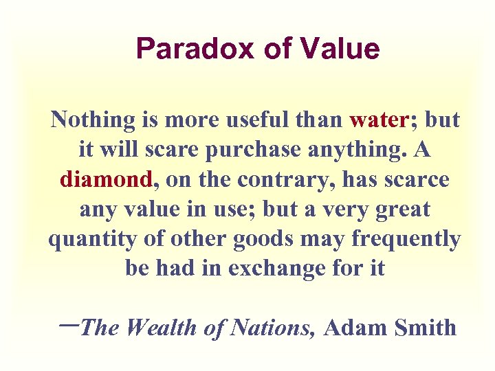 Paradox of Value Nothing is more useful than water; but it will scare purchase