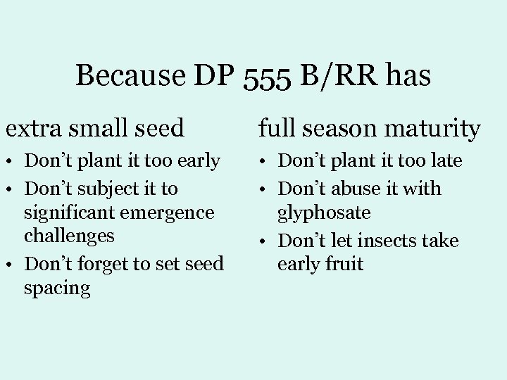 Because DP 555 B/RR has extra small seed full season maturity • Don’t plant