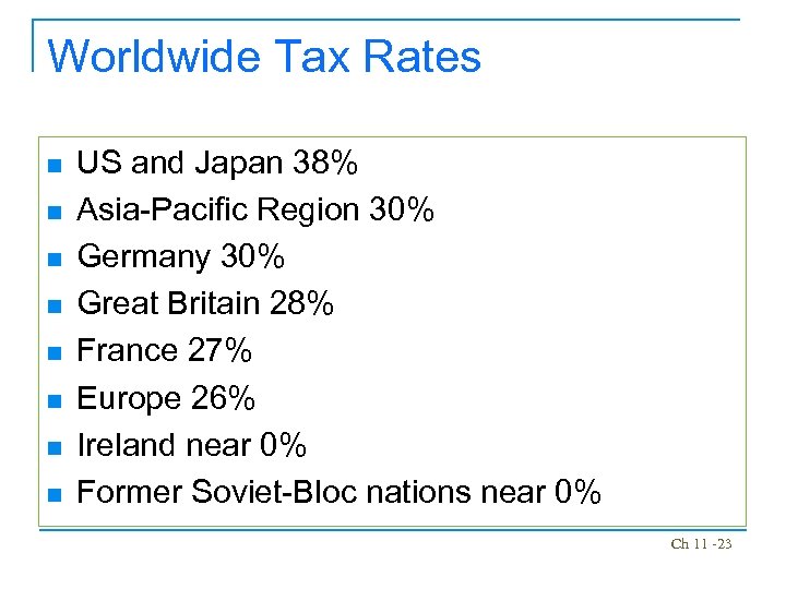 Worldwide Tax Rates n n n n US and Japan 38% Asia-Pacific Region 30%
