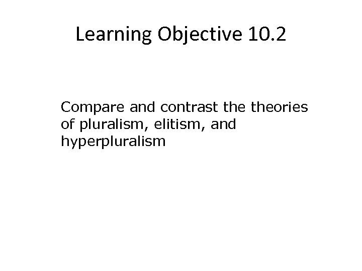 Learning Objective 10. 2 Compare and contrast theories of pluralism, elitism, and hyperpluralism 