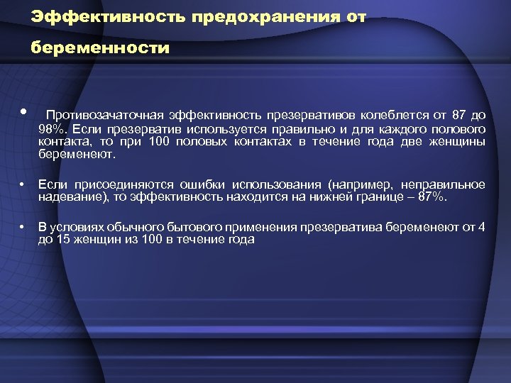 Эффективность предохранения от беременности • Противозачаточная эффективность презервативов колеблется от 87 до 98%. Если