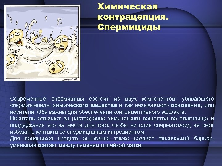 Химическая контрацепция. Спермициды Современные спермициды состоят из двух компонентов: убивающего сперматозоиды химического вещества и