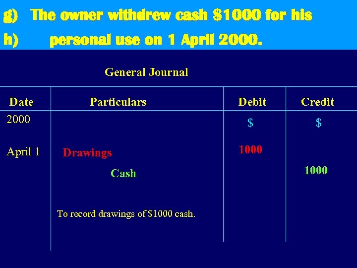 g) The owner withdrew cash $1000 for his h) personal use on 1 April