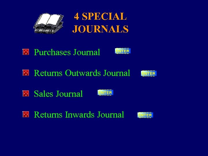 4 SPECIAL JOURNALS Purchases Journal Returns Outwards Journal Sales Journal Returns Inwards Journal 