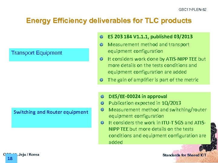 GSC 17 -PLEN-52 Energy Efficiency deliverables for TLC products Transport Equipment Switching and Router
