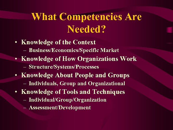 What Competencies Are Needed? • Knowledge of the Context – Business/Economics/Specific Market • Knowledge