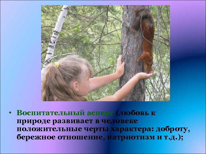  • Воспитательный аспект (любовь к природе развивает в человеке положительные черты характера: доброту,
