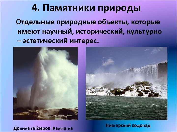 4. Памятники природы Отдельные природные объекты, которые имеют научный, исторический, культурно – эстетический интерес.