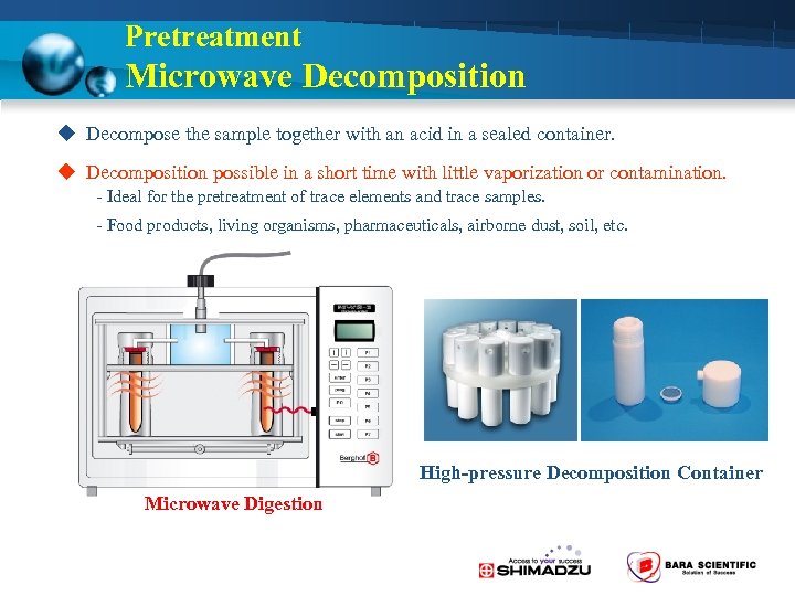 Pretreatment Microwave Decomposition u Decompose the sample together with an acid in a sealed