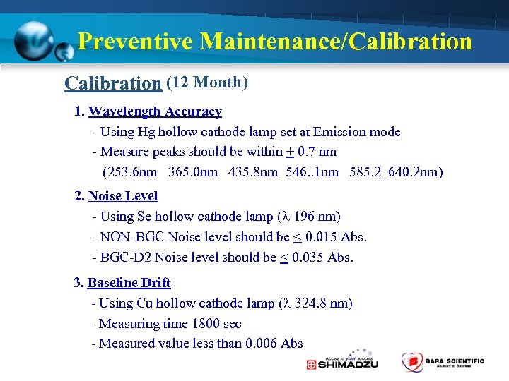 Preventive Maintenance/Calibration (12 Month) 1. Wavelength Accuracy - Using Hg hollow cathode lamp set