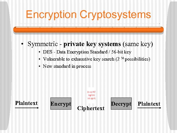 Encryption Cryptosystems • Symmetric - private key systems (same key) • DES - Data