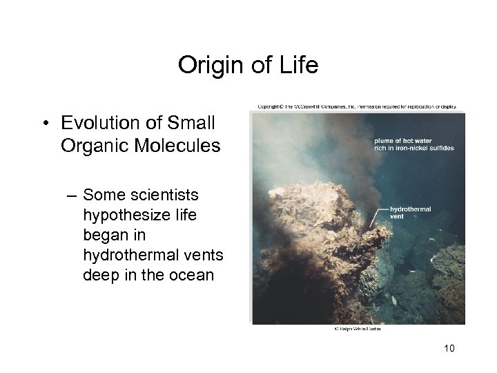Origin of Life • Evolution of Small Organic Molecules – Some scientists hypothesize life