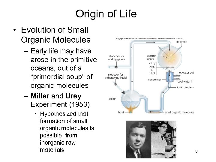 Origin of Life • Evolution of Small Organic Molecules – Early life may have