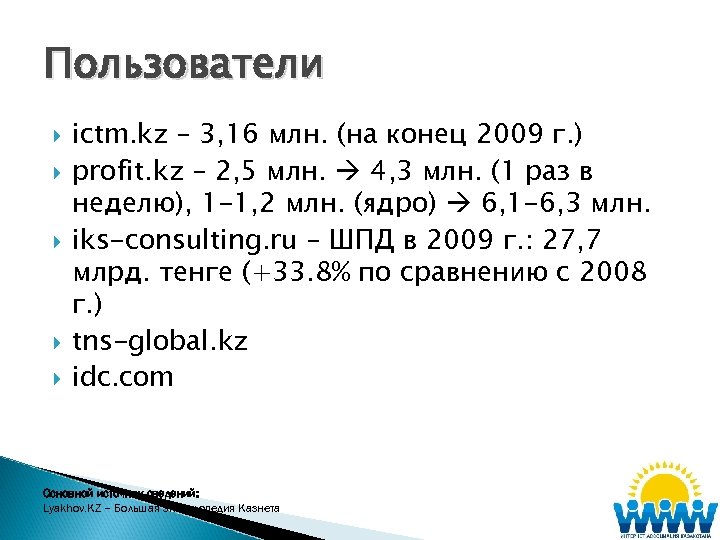 Пользователи ictm. kz – 3, 16 млн. (на конец 2009 г. ) profit. kz