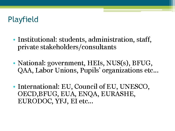 Playfield • Institutional: students, administration, staff, private stakeholders/consultants • National: government, HEIs, NUS(s), BFUG,