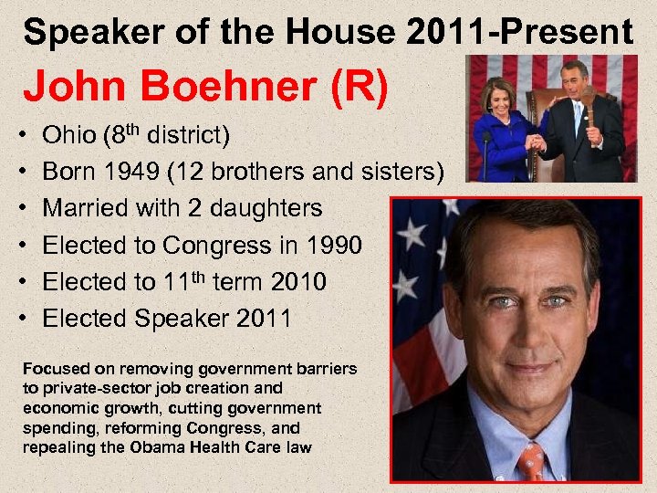Speaker of the House 2011 -Present John Boehner (R) • • • Ohio (8