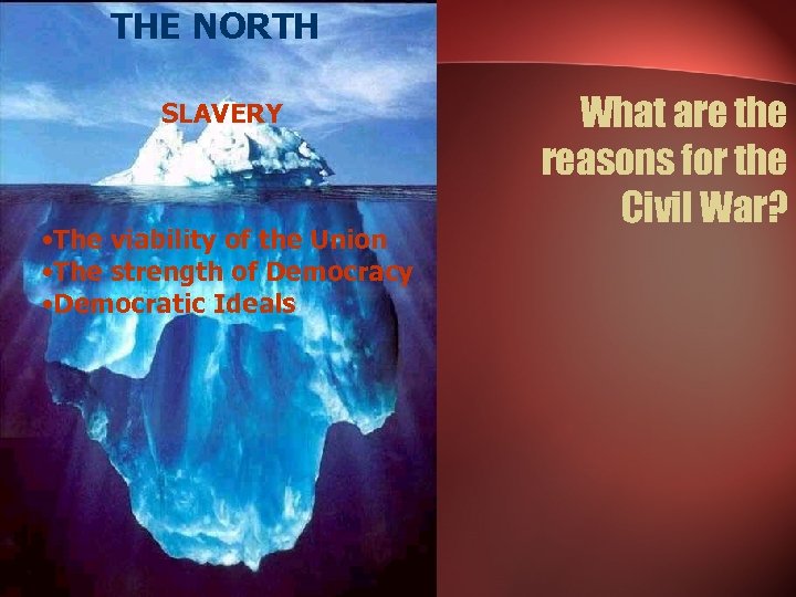 THE NORTH SLAVERY • The viability of the Union • The strength of Democracy