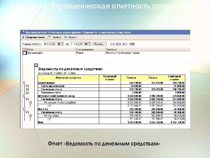 Аналитика: Управленческая отчетность руководителя Отчет «Ведомость по денежным средствам» 