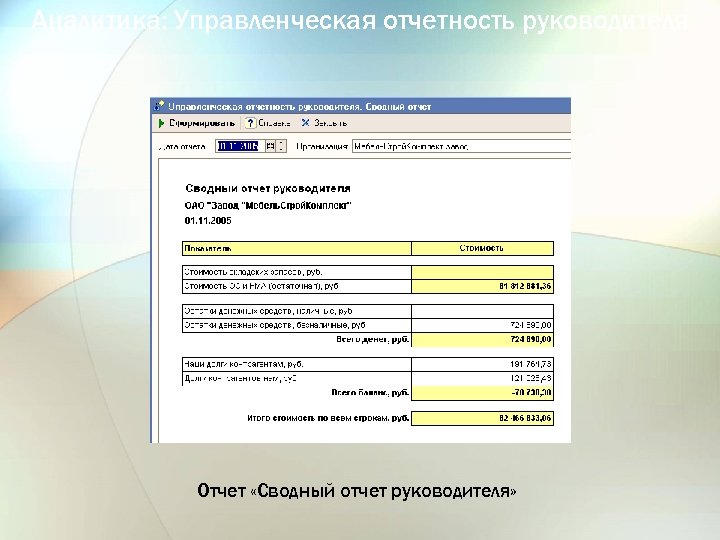 Аналитика: Управленческая отчетность руководителя Отчет «Сводный отчет руководителя» 