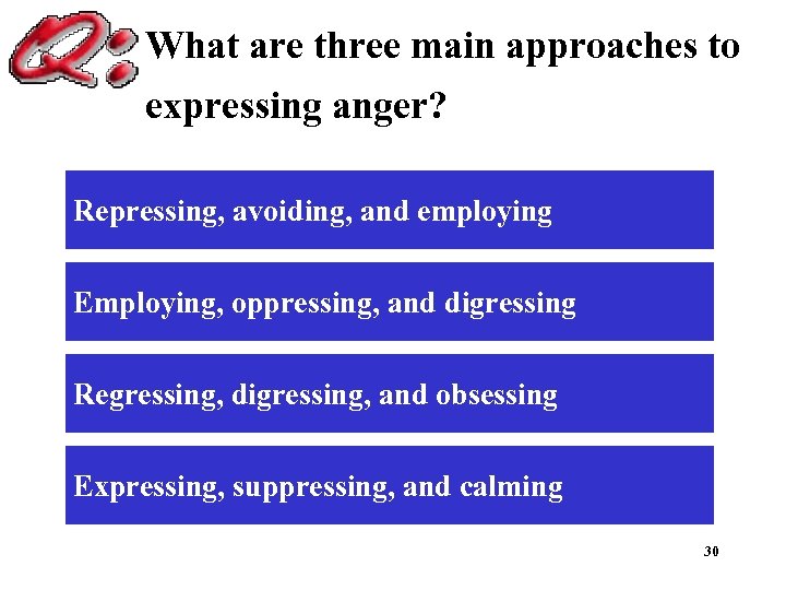What are three main approaches to expressing anger? Repressing, avoiding, and employing Employing, oppressing,