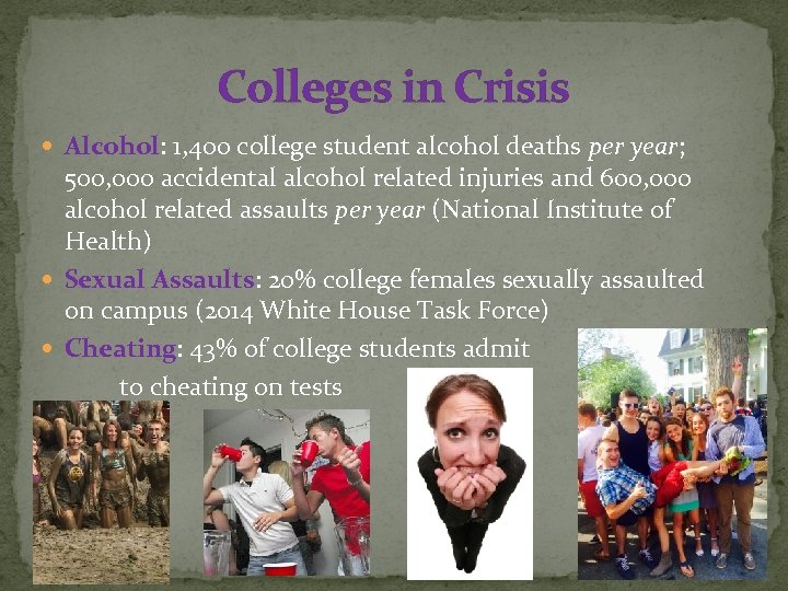 Colleges in Crisis Alcohol: 1, 400 college student alcohol deaths per year; 500, 000