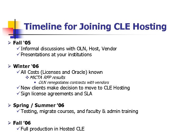 Timeline for Joining CLE Hosting Ø Fall ‘ 05 ü Informal discussions with OLN,