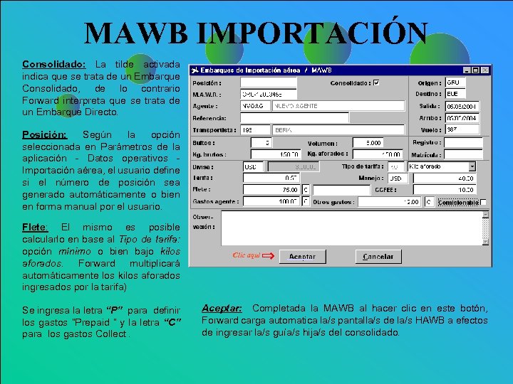 MAWB IMPORTACIÓN Consolidado: La tilde activada indica que se trata de un Embarque Consolidado,