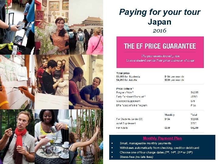 Paying for your tour Japan 2016 $x a day Monthly Payment Plan • •