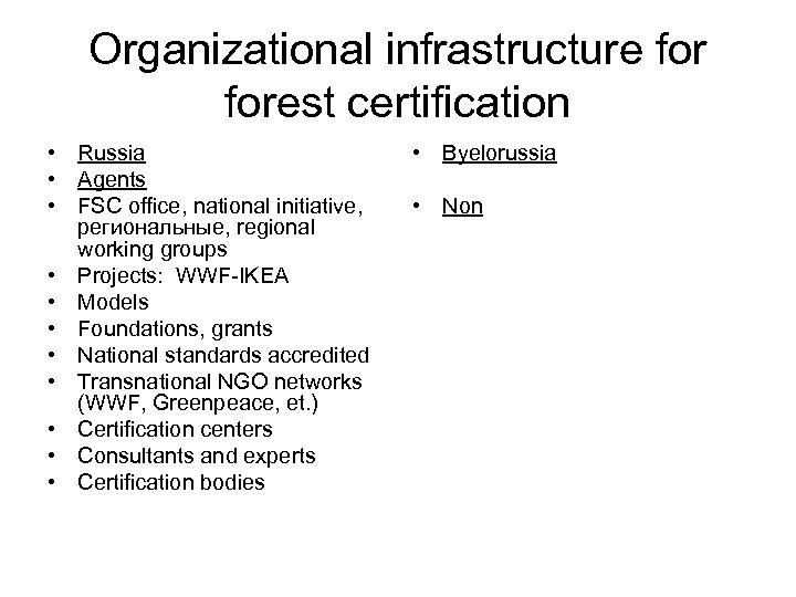 Organizational infrastructure forest certification • Russia • Agents • FSC office, national initiative, региональные,