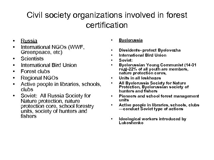 Civil society organizations involved in forest certification • • Russia International NGOs (WWF, Greenpeace,