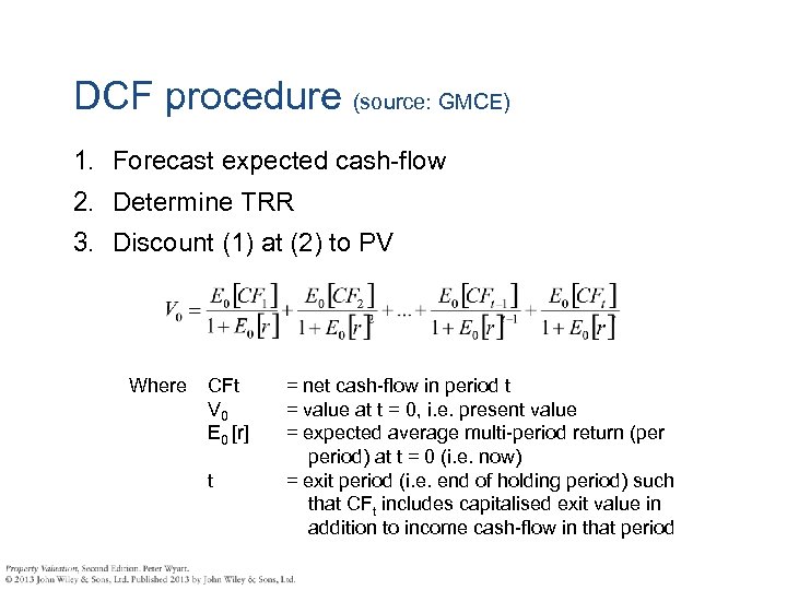 DCF procedure (source: GMCE) 1. Forecast expected cash-flow 2. Determine TRR 3. Discount (1)