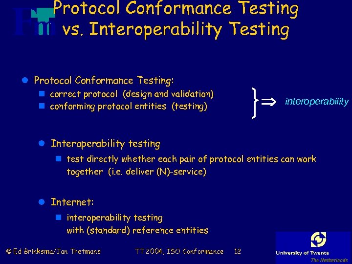 Protocol Conformance Testing vs. Interoperability Testing l Protocol Conformance Testing: n correct protocol (design