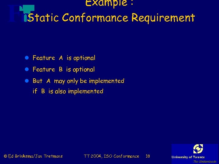 Example : Static Conformance Requirement l Feature A is optional l Feature B is
