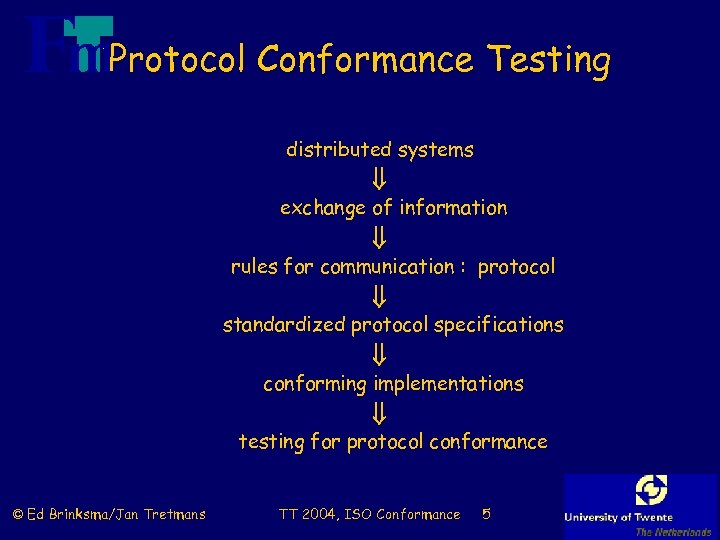 Protocol Conformance Testing distributed systems exchange of information rules for communication : protocol standardized