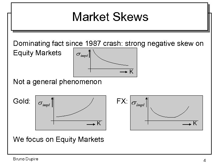 Market Skews Dominating fact since 1987 crash: strong negative skew on Equity Markets K